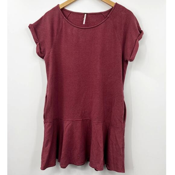 Free People Sweatshirt Dress Short Sleeve Drop Waist Maroon Size S - Picture 1 of 6